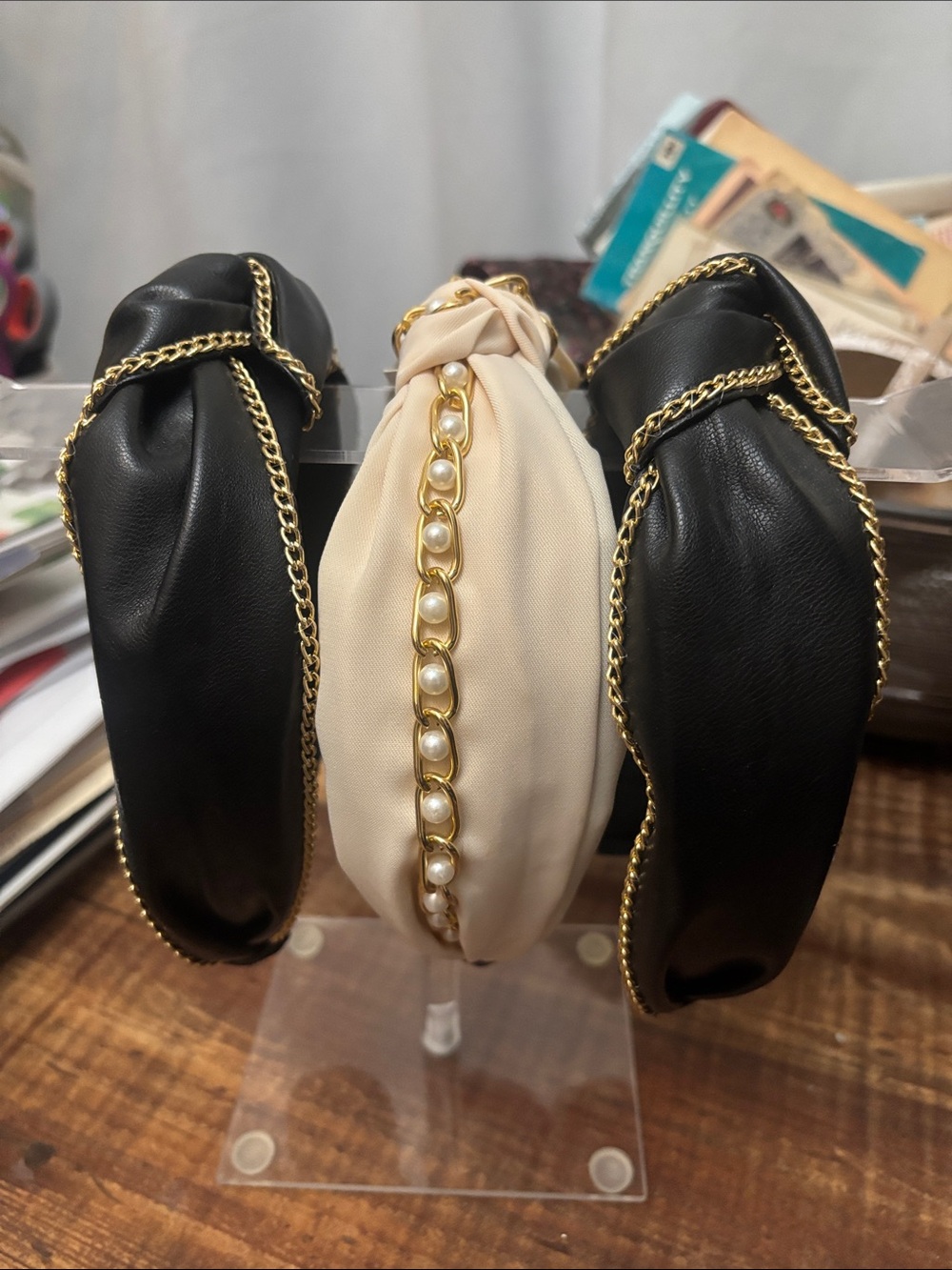 Pearl-Embellished Cream Headband with Gold and Black with Gold Headband • Set